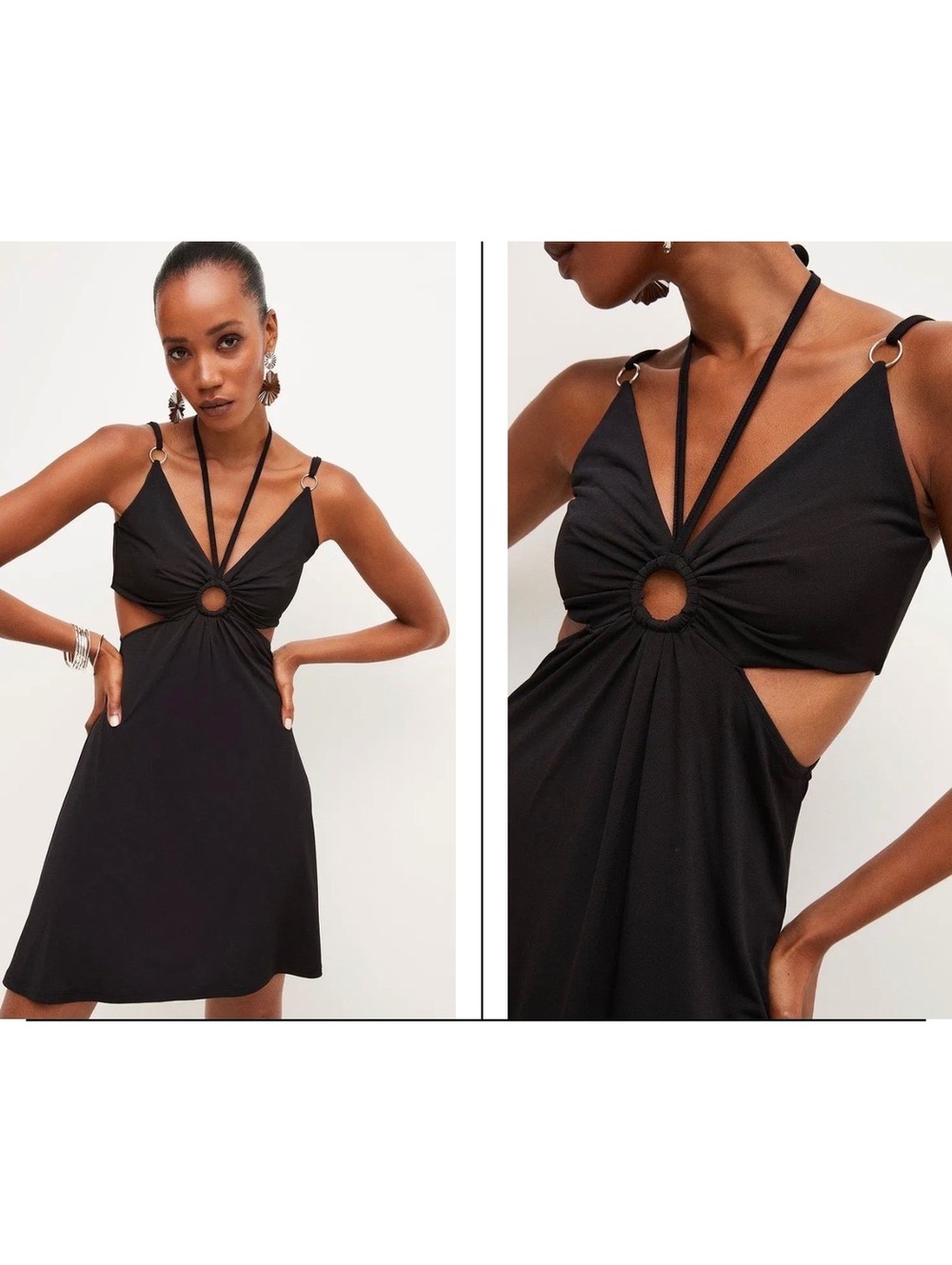 Karen Millen Strap Detail Jersey Crepe Flippy Mini Dress Black NWT US 10 UK 14